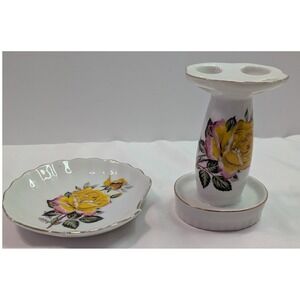 Unbranded Vanity Set Unisex OS White Excellent Vintage Yellow Rose Japan 2pc